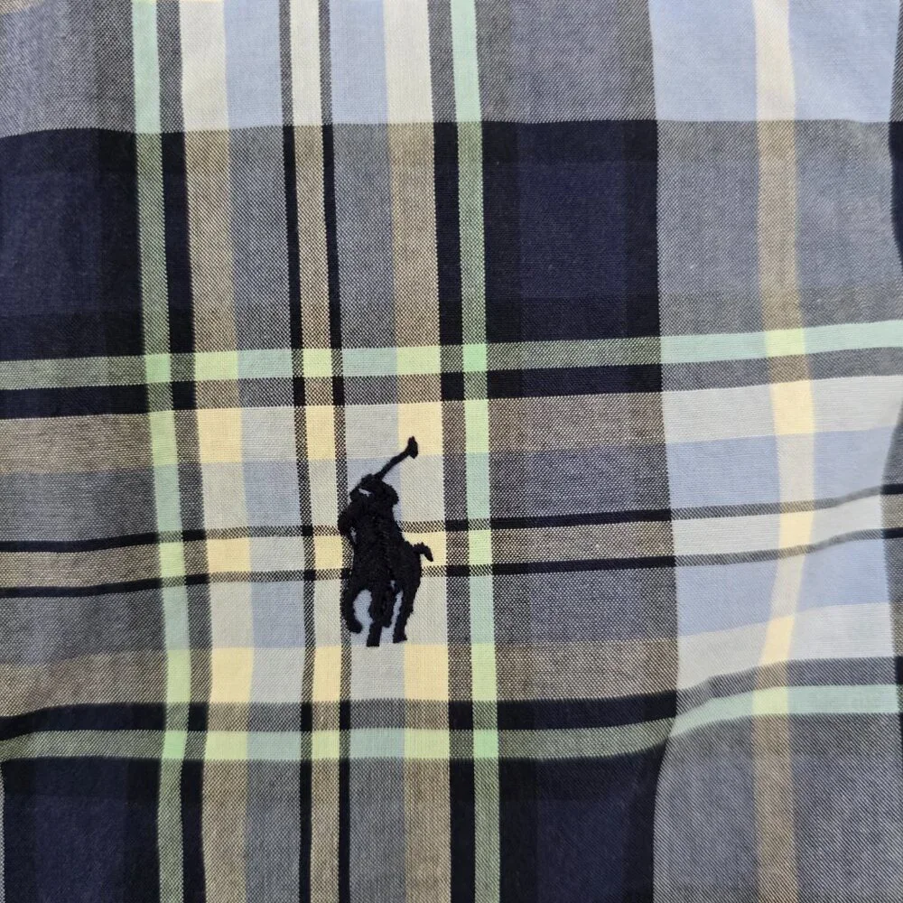 Ralph Lauren Boy's Long Sleeve Button Up Shirt Blue Plaid Poly Logo Size 8 Small